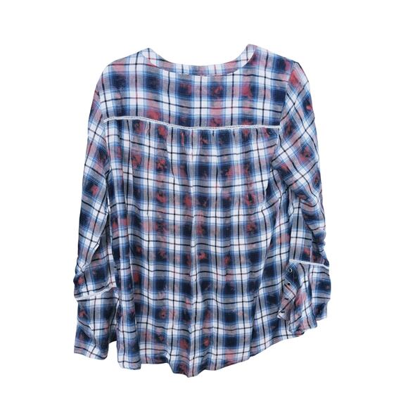 Seven 7 Flannel Plaid Relaxed Blouse Tartan Viscose Bell Sleeve Medium Boho Fall - Picture 5 of 6